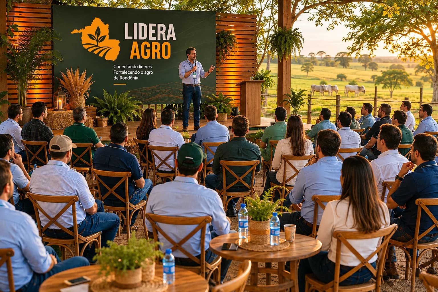 Painel do Lidera Agro em palco montado a céu aberto, com plateia, pecuária ao fundo e telão exibindo a marca do evento.