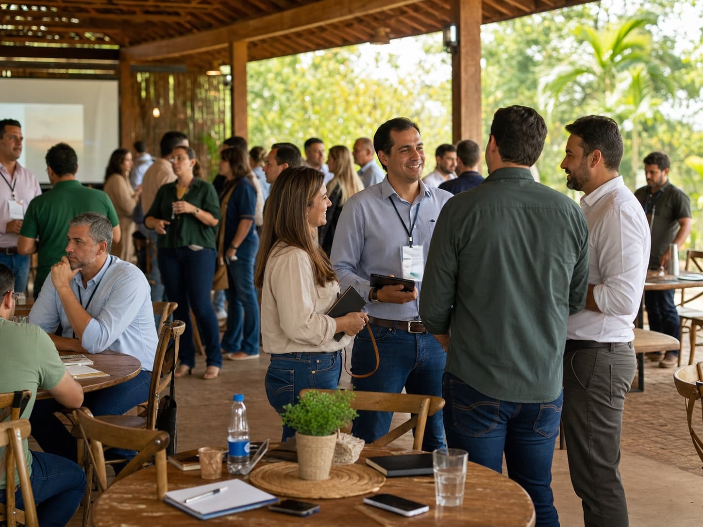 Profissionais do agronegócio conversando em um encontro presencial.