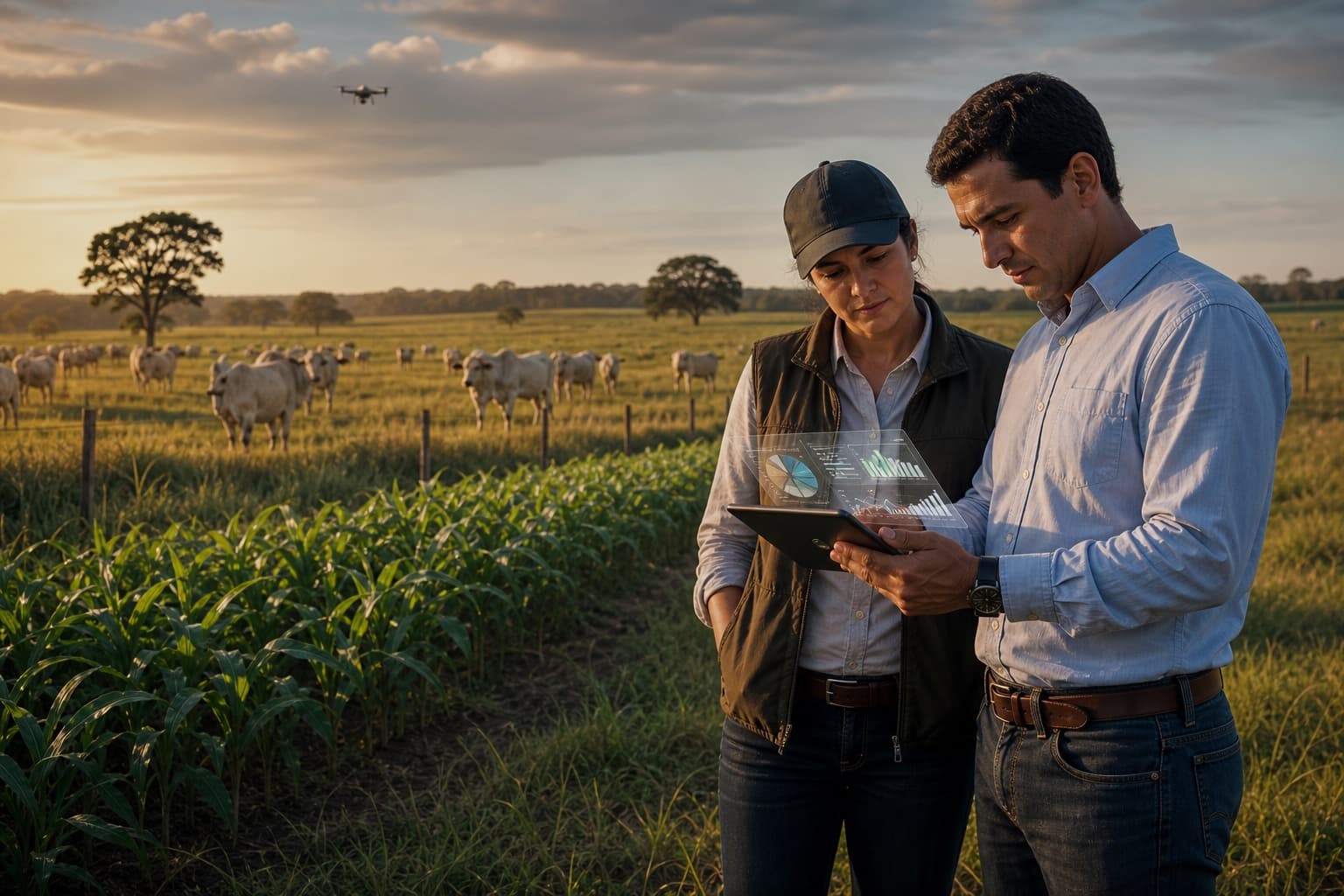 Profissionais analisando dados de produção no campo com pecuária ao fundo.